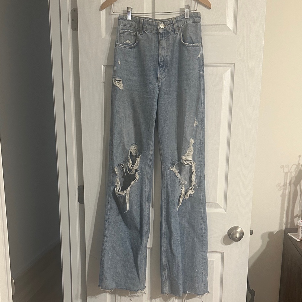 Zara Light Blue Distressed Flare Jeans